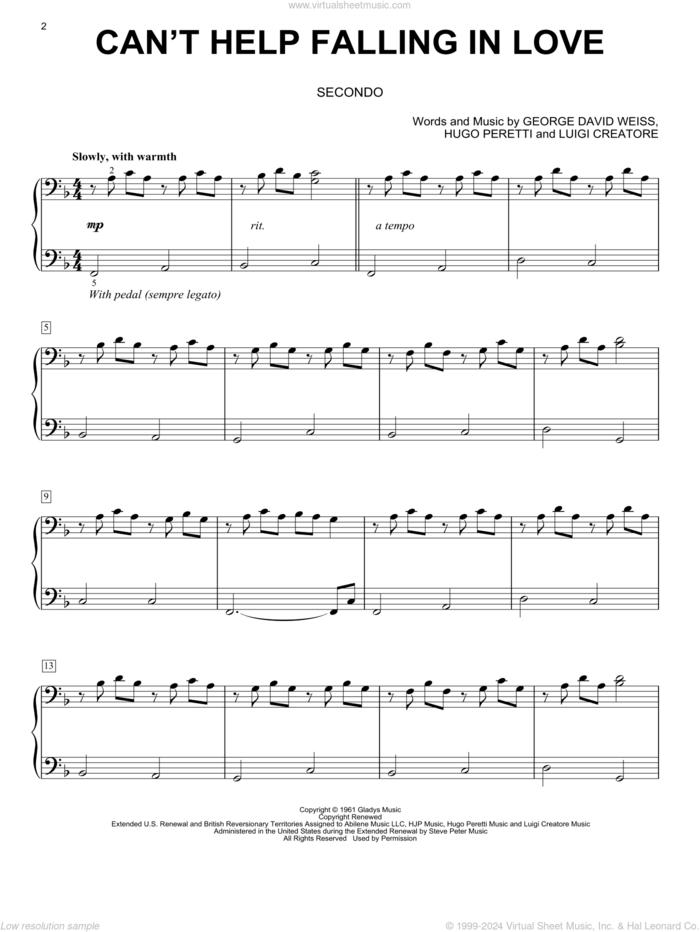 Can't Help Falling In Love sheet music for piano four hands by Elvis Presley, George David Weiss, Hugo Peretti and Luigi Creatore, wedding score, intermediate skill level