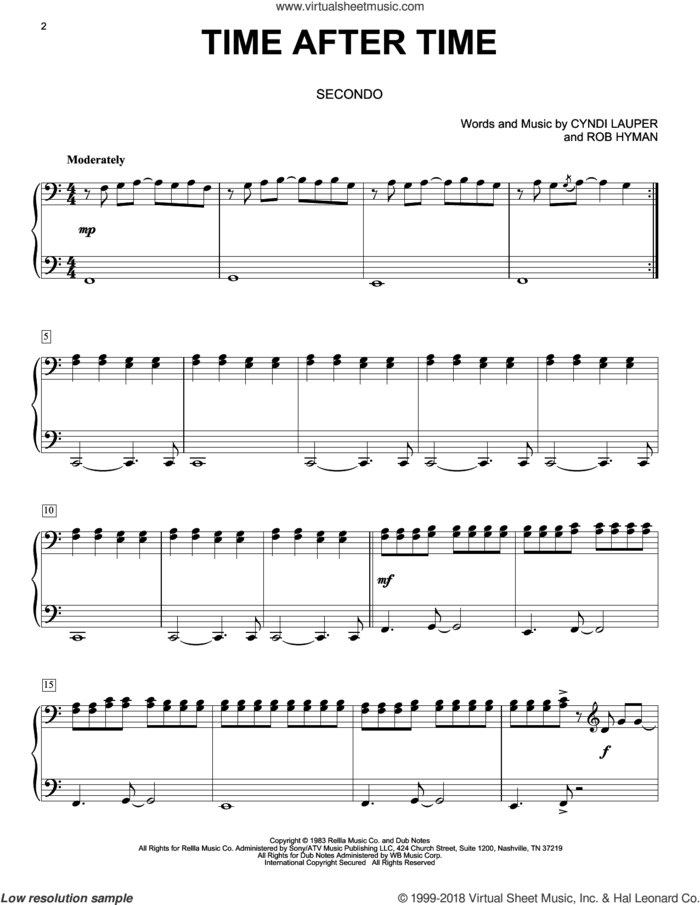 Time After Time sheet music for piano four hands by Cyndi Lauper and Rob Hyman, intermediate skill level