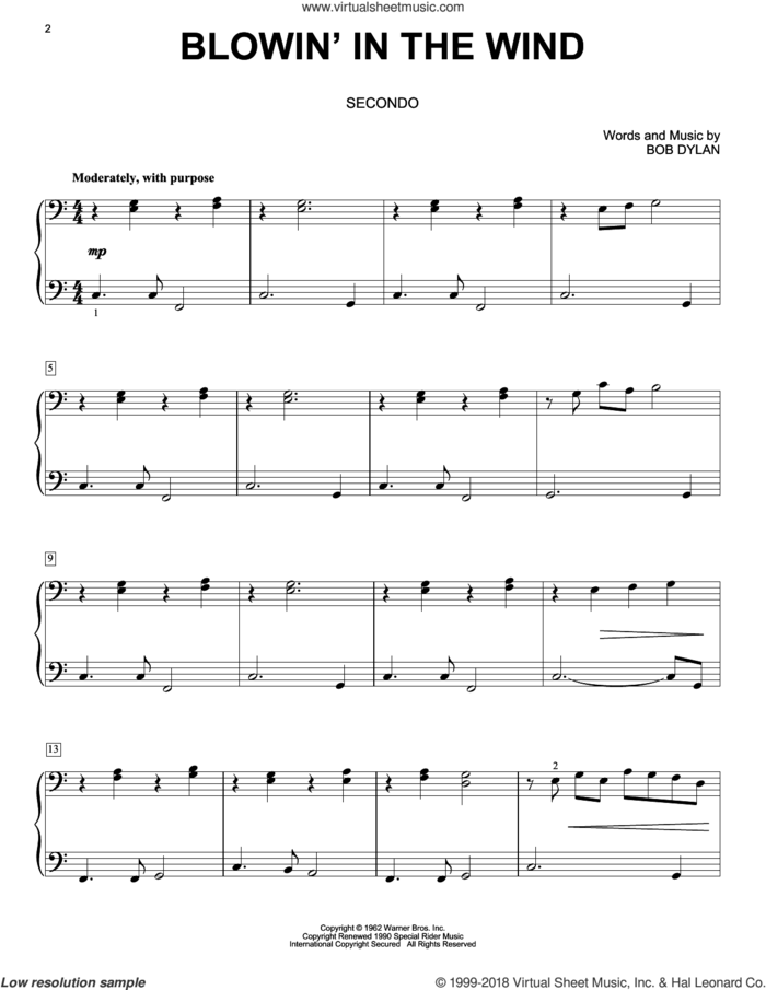 Blowin' In The Wind sheet music for piano four hands by Bob Dylan, Peter, Paul & Mary and Stevie Wonder, intermediate skill level
