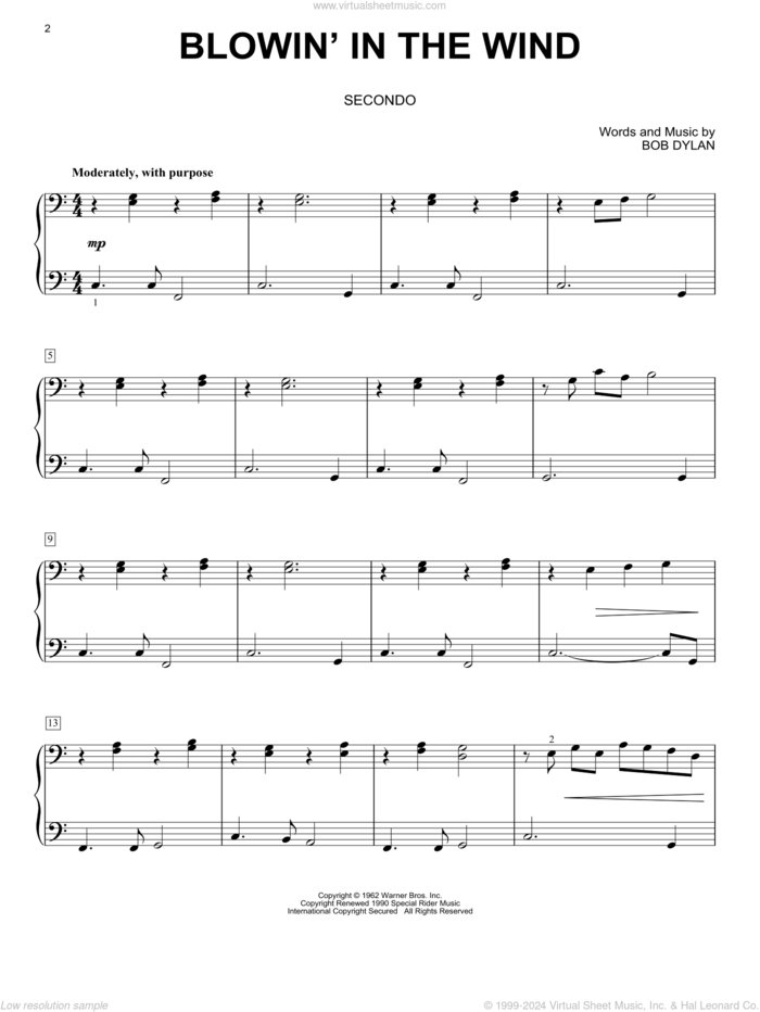 Blowin' In The Wind sheet music for piano four hands by Bob Dylan, Peter, Paul & Mary and Stevie Wonder, intermediate skill level