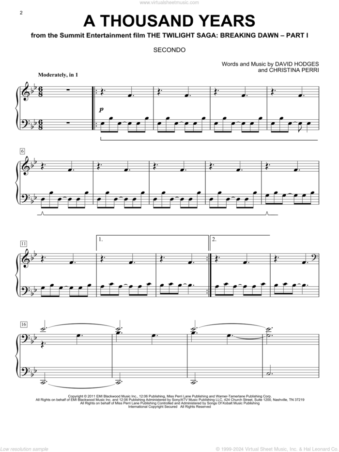 A Thousand Years sheet music for piano four hands by Christina Perri and David Hodges, wedding score, intermediate skill level