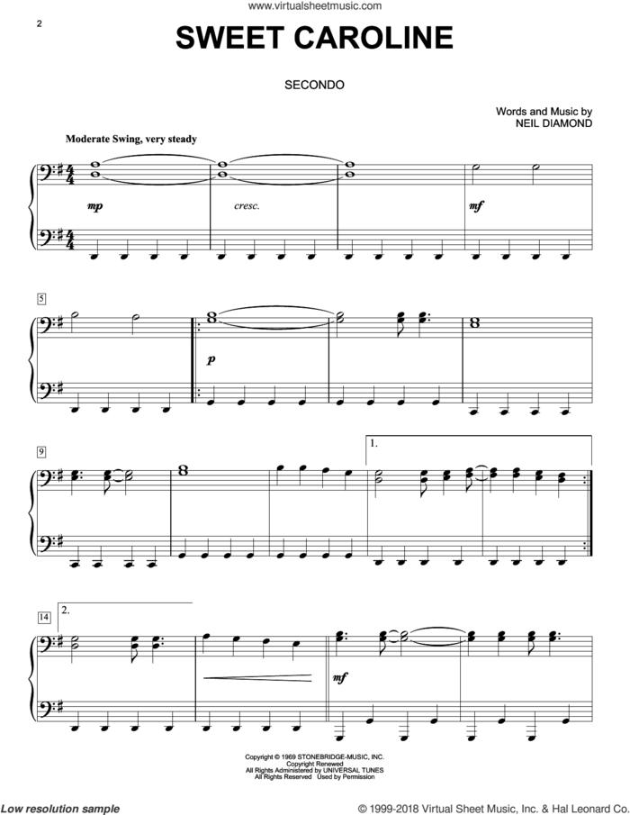 Sweet Caroline sheet music for piano four hands by Neil Diamond, intermediate skill level