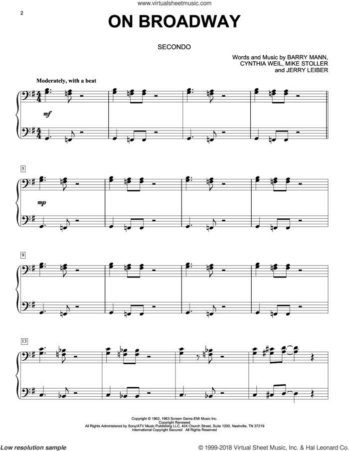 On Broadway sheet music for piano four hands by George Benson, The Drifters, Barry Mann, Cynthia Weil, Jerry Leiber and Mike Stoller, intermediate skill level