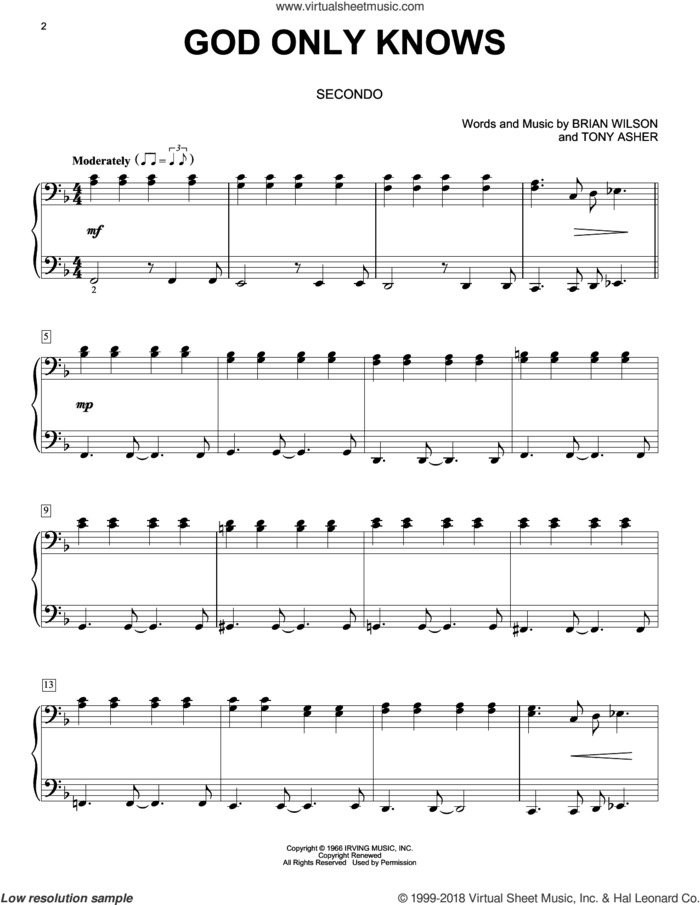God Only Knows sheet music for piano four hands by The Beach Boys, Brian Wilson and Tony Asher, intermediate skill level