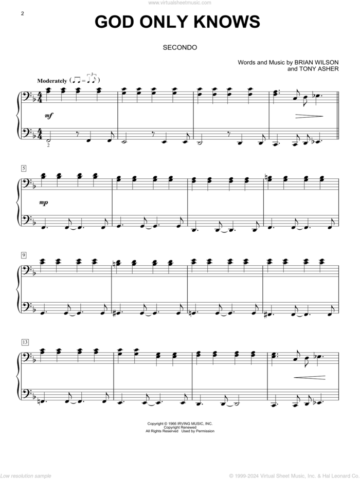 God Only Knows sheet music for piano four hands by The Beach Boys, Brian Wilson and Tony Asher, intermediate skill level