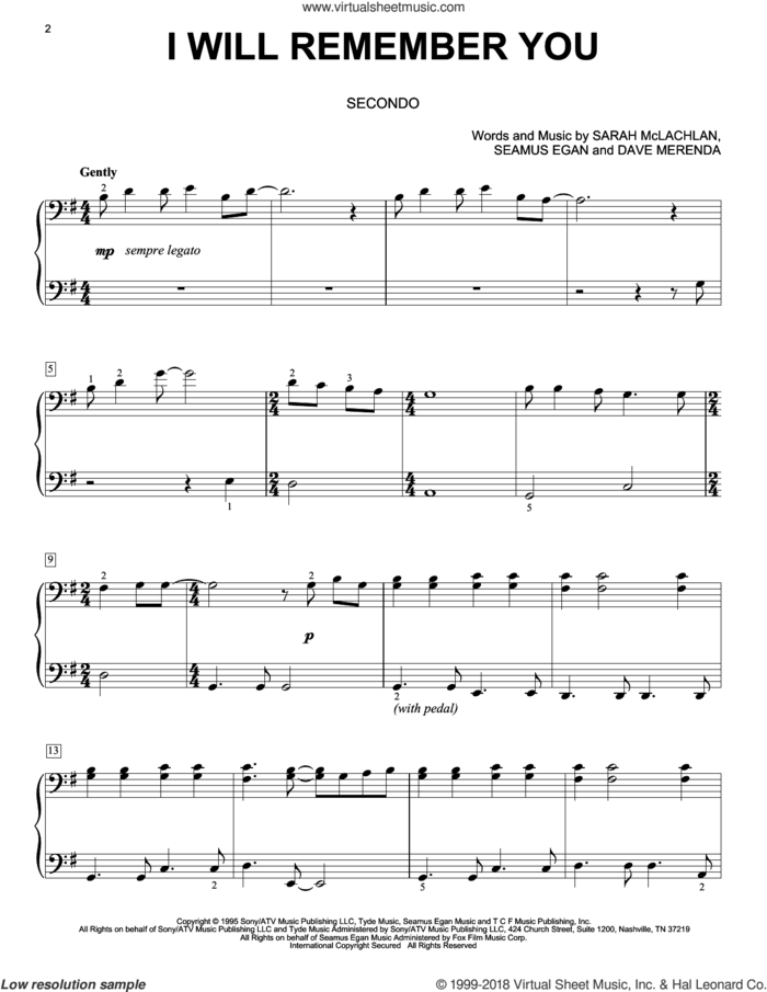 I Will Remember You sheet music for piano four hands by Sarah McLachlan and Dave Merenda, intermediate skill level