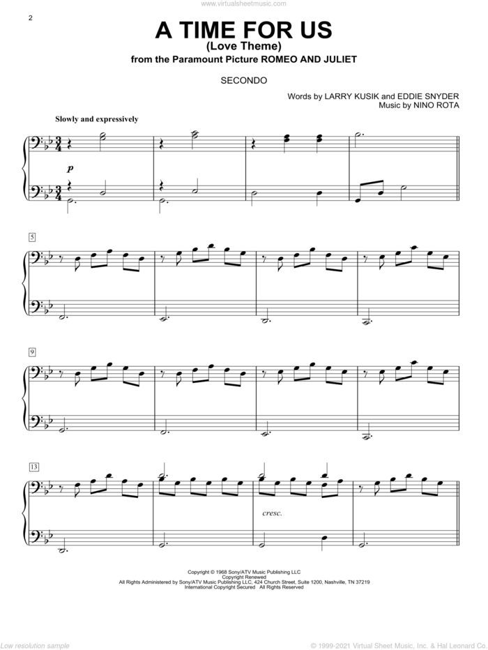 A Time For Us (Love Theme) sheet music for piano four hands by Nino Rota, Eddie Snyder and Larry Kusik, intermediate skill level