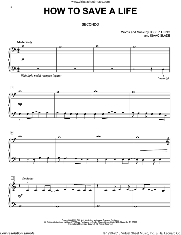 How To Save A Life sheet music for piano four hands by The Fray, Isaac Slade and Joseph King, intermediate skill level