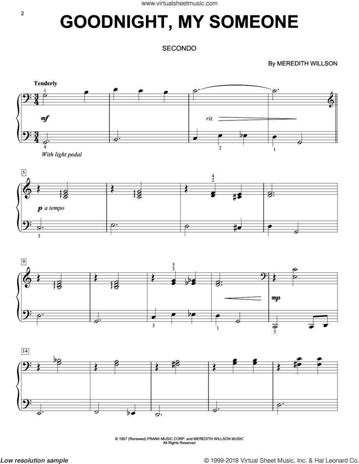 Goodnight, My Someone sheet music for piano four hands by Meredith Willson, intermediate skill level