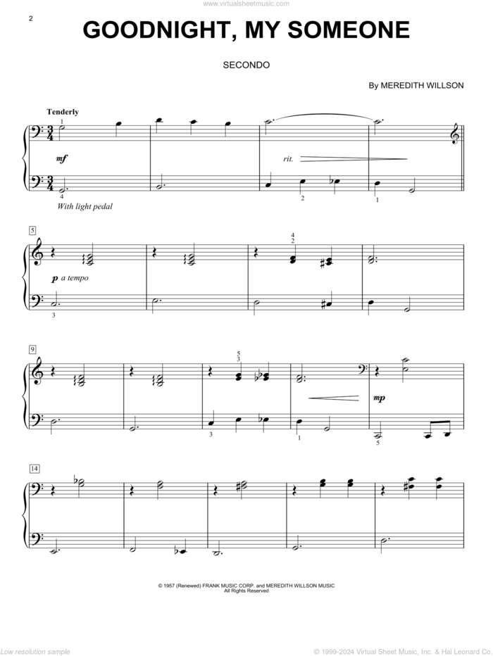 Goodnight, My Someone sheet music for piano four hands by Meredith Willson, intermediate skill level