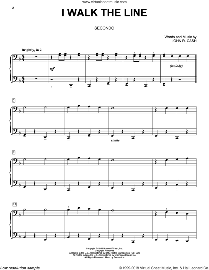 I Walk The Line sheet music for piano four hands by Johnny Cash, intermediate skill level