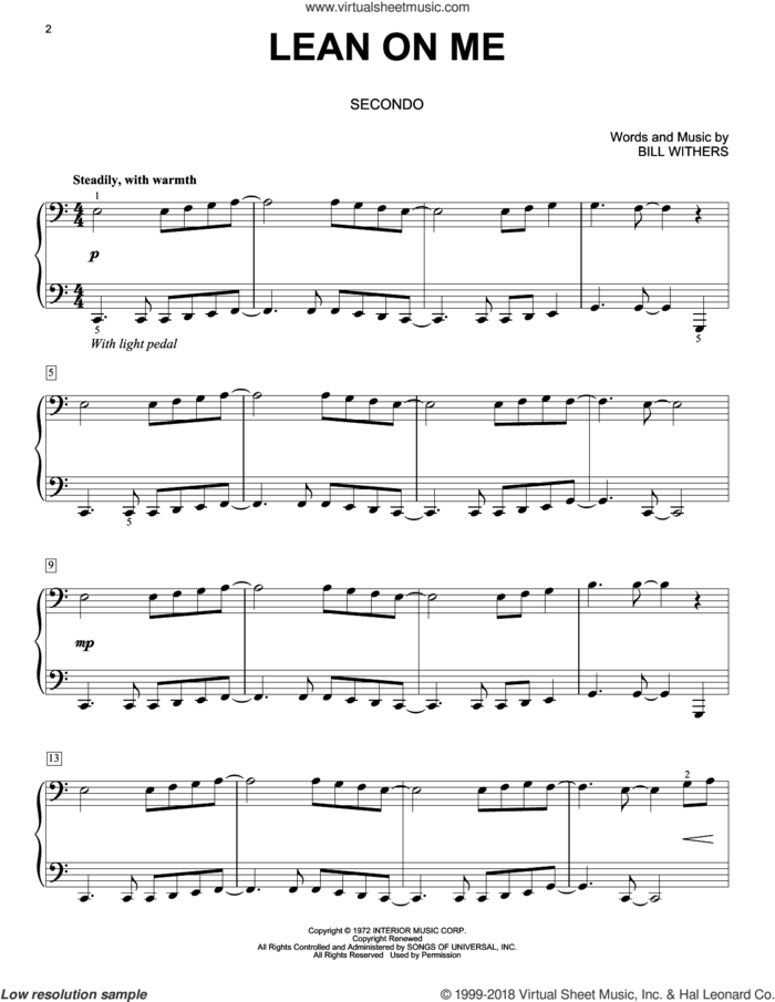 Lean On Me sheet music for piano four hands by Bill Withers, intermediate skill level