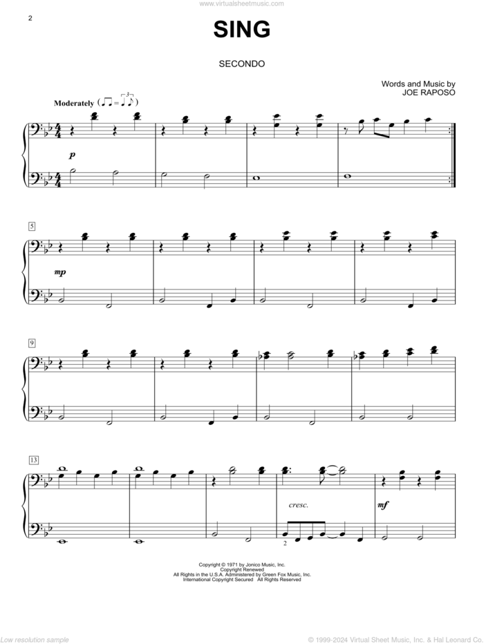 Sing sheet music for piano four hands by Carpenters and Joe Raposo, intermediate skill level