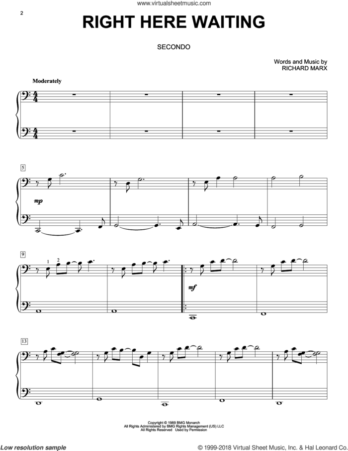 Right Here Waiting sheet music for piano four hands by Richard Marx, intermediate skill level
