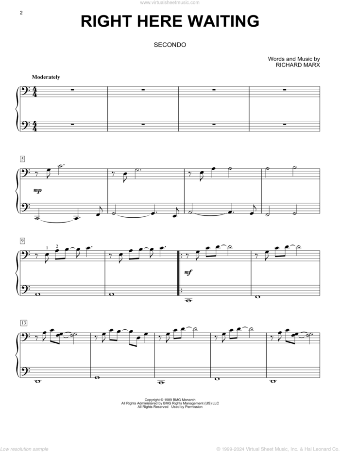 Right Here Waiting sheet music for piano four hands by Richard Marx, intermediate skill level