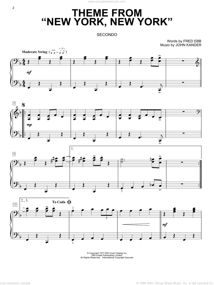 Theme From 'New York, New York' sheet music for piano four hands by Frank Sinatra, Fred Ebb and John Kander, intermediate skill level