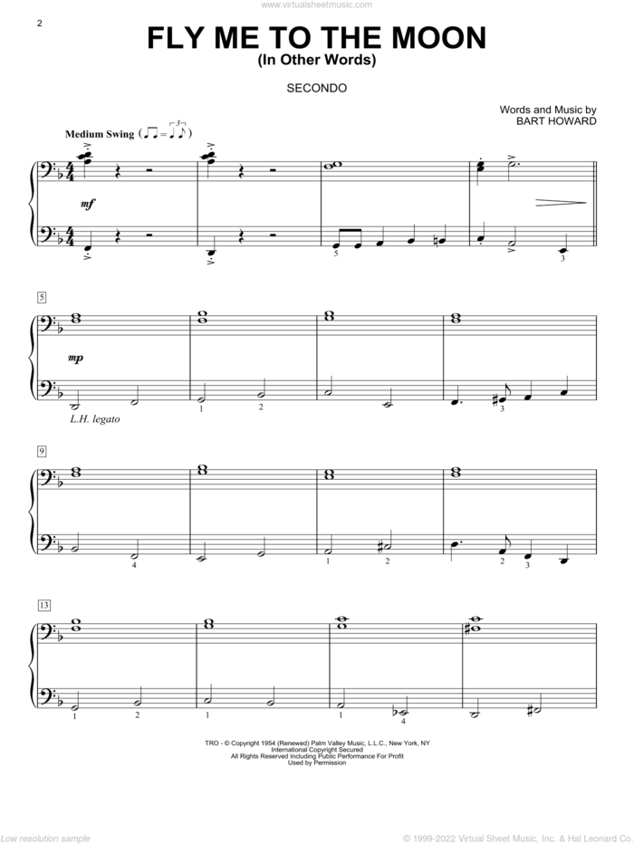 Fly Me To The Moon (In Other Words) sheet music for piano four hands by Bart Howard and Tony Bennett, wedding score, intermediate skill level