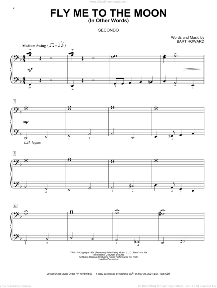 Fly Me To The Moon (In Other Words) sheet music for piano four hands by Bart Howard and Tony Bennett, wedding score, intermediate skill level