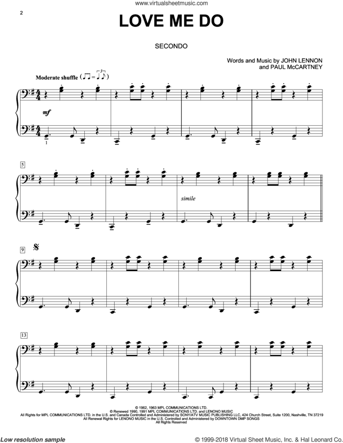 Love Me Do sheet music for piano four hands by The Beatles, John Lennon and Paul McCartney, intermediate skill level
