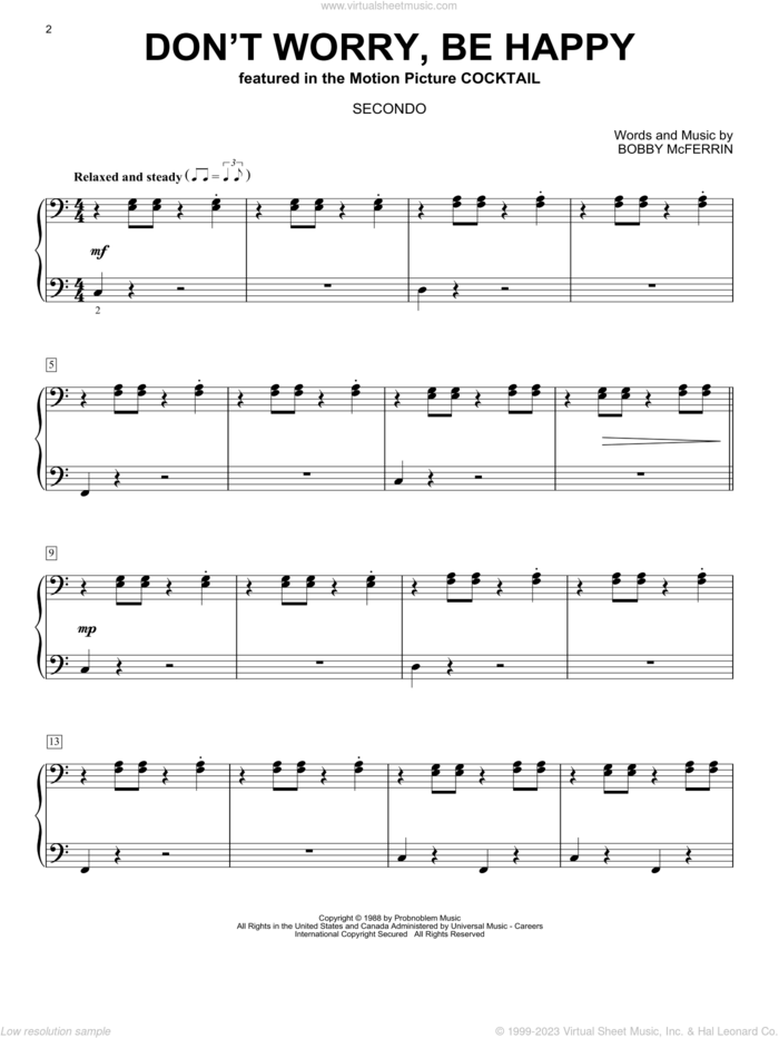 Don't Worry, Be Happy sheet music for piano four hands by Bobby McFerrin, intermediate skill level