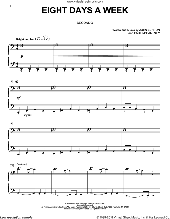 Eight Days A Week sheet music for piano four hands by The Beatles, John Lennon and Paul McCartney, intermediate skill level