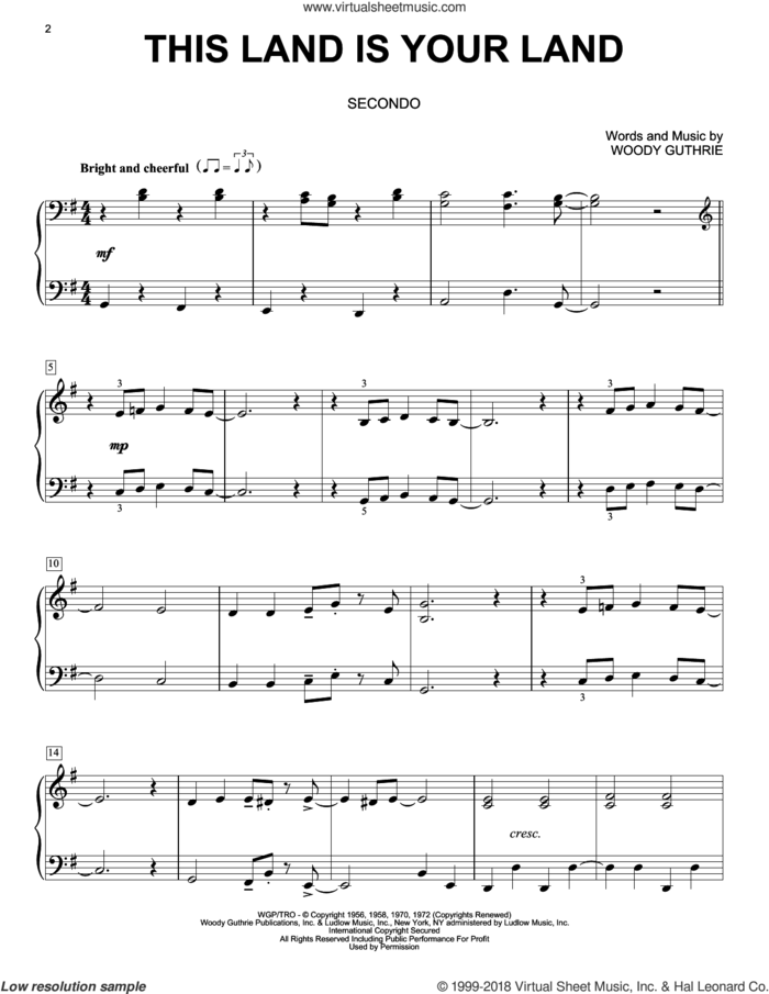 This Land Is Your Land sheet music for piano four hands by Woody Guthrie, intermediate skill level