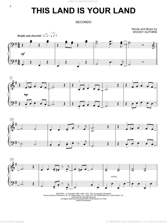 This Land Is Your Land sheet music for piano four hands by Woody Guthrie, intermediate skill level