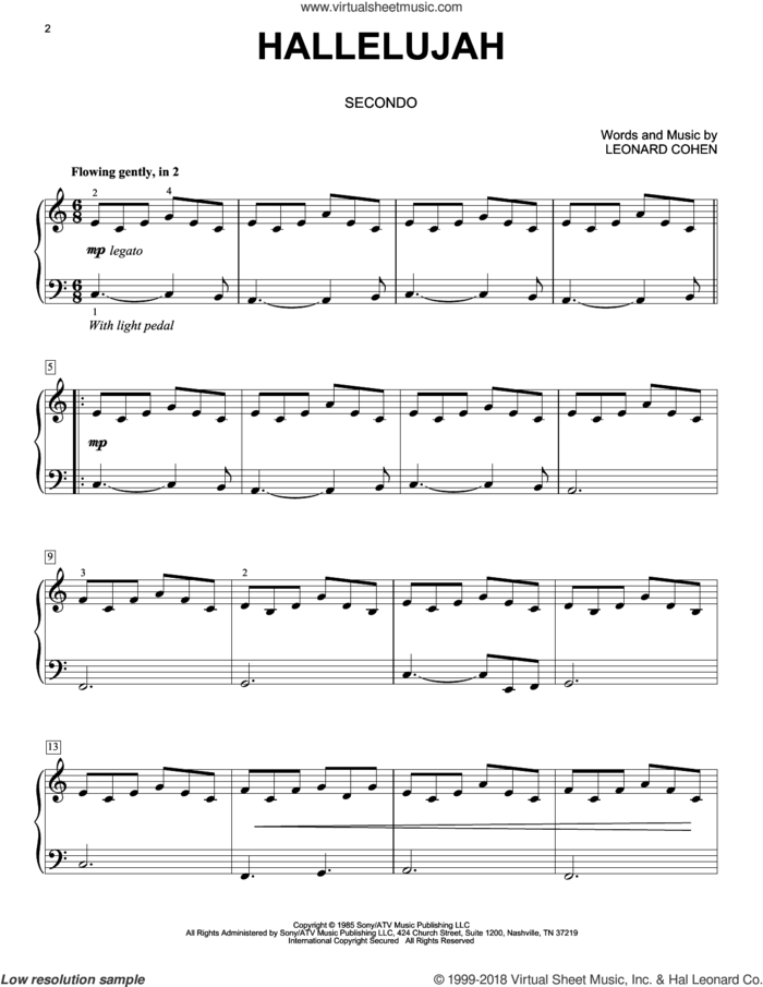 Hallelujah sheet music for piano four hands by Leonard Cohen, intermediate skill level