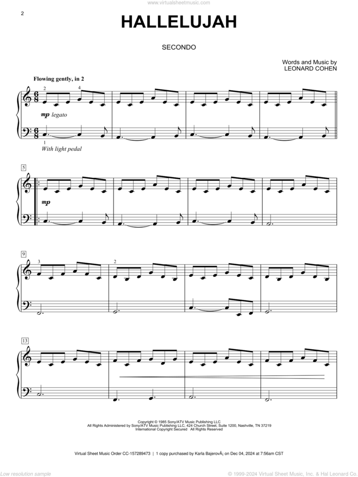 Hallelujah sheet music for piano four hands by Leonard Cohen, intermediate skill level