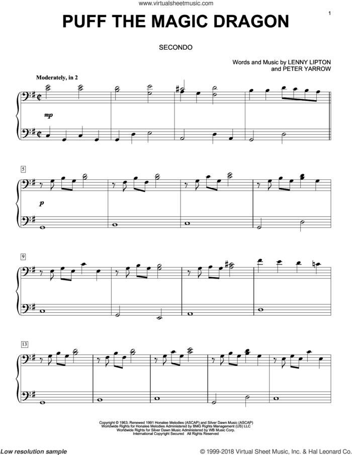 Puff The Magic Dragon sheet music for piano four hands by Peter, Paul & Mary, Lenny Lipton and Peter Yarrow, intermediate skill level