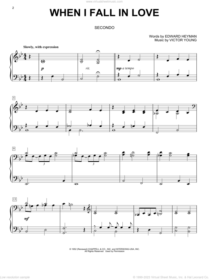 When I Fall In Love sheet music for piano four hands by Carpenters, The Lettermen, Edward Heyman and Victor Young, intermediate skill level