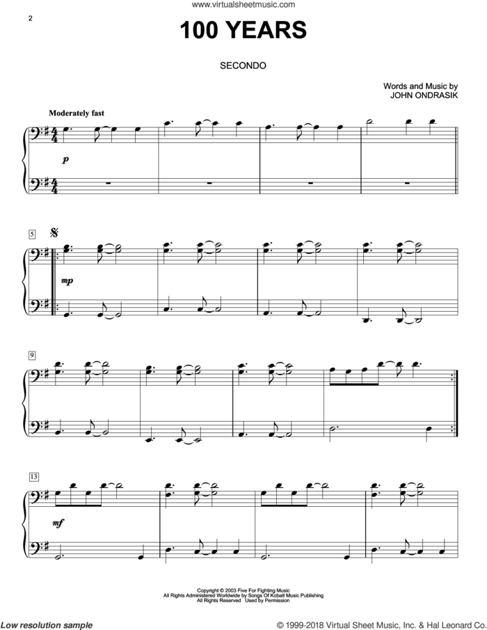 100 Years sheet music for piano four hands by Five For Fighting and John Ondrasik, intermediate skill level