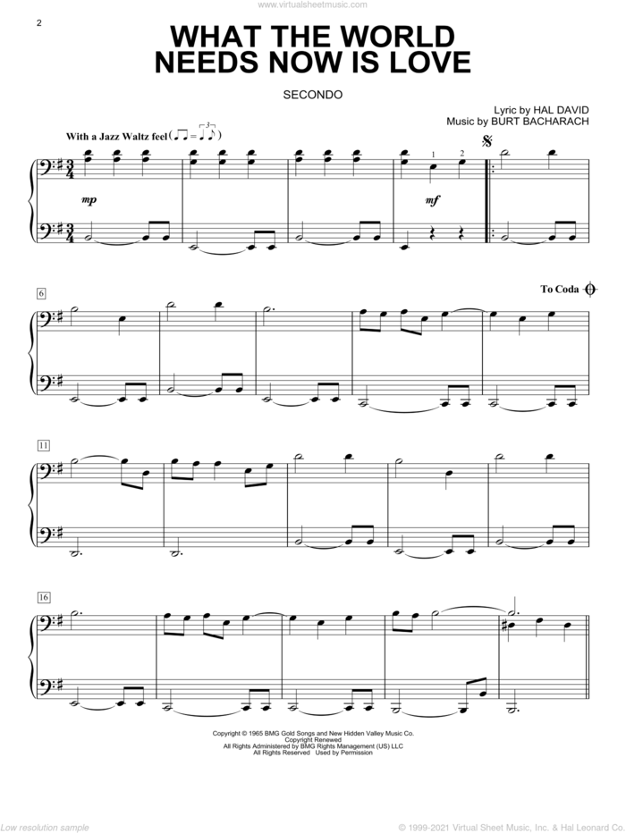 What The World Needs Now Is Love sheet music for piano four hands by Burt Bacharach and Hal David, intermediate skill level