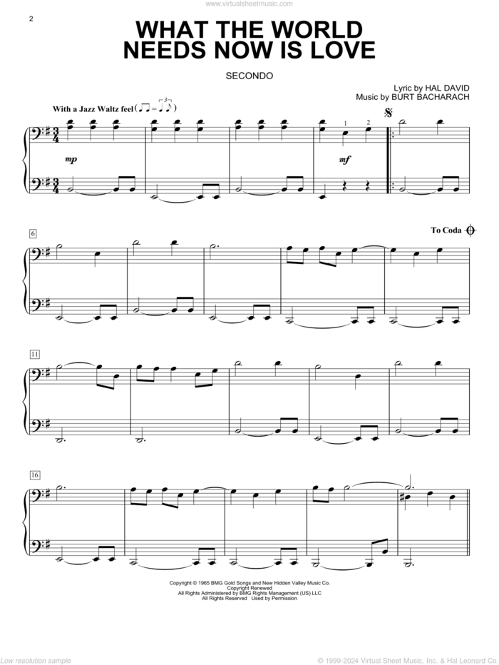 What The World Needs Now Is Love sheet music for piano four hands by Burt Bacharach and Hal David, intermediate skill level