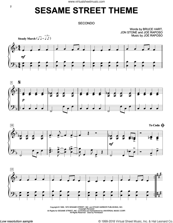 Sesame Street Theme sheet music for piano four hands by Joe Raposo, Bruce Hart and Jon Stone, intermediate skill level