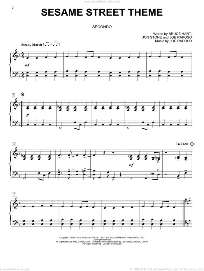 Sesame Street Theme sheet music for piano four hands by Joe Raposo, Bruce Hart and Jon Stone, intermediate skill level