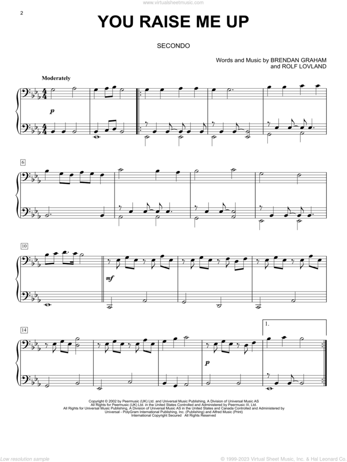 You Raise Me Up sheet music for piano four hands by Josh Groban, Brendan Graham, Rolf LAuvland and Rolf Lovland, wedding score, intermediate skill level