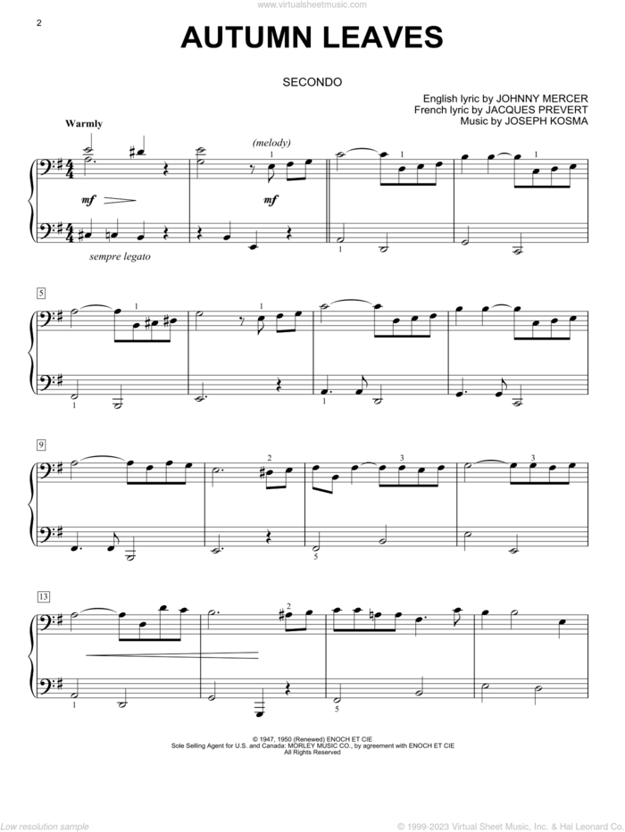 Autumn Leaves sheet music for piano four hands by Johnny Mercer, Jacques Prevert and Joseph Kosma, intermediate skill level