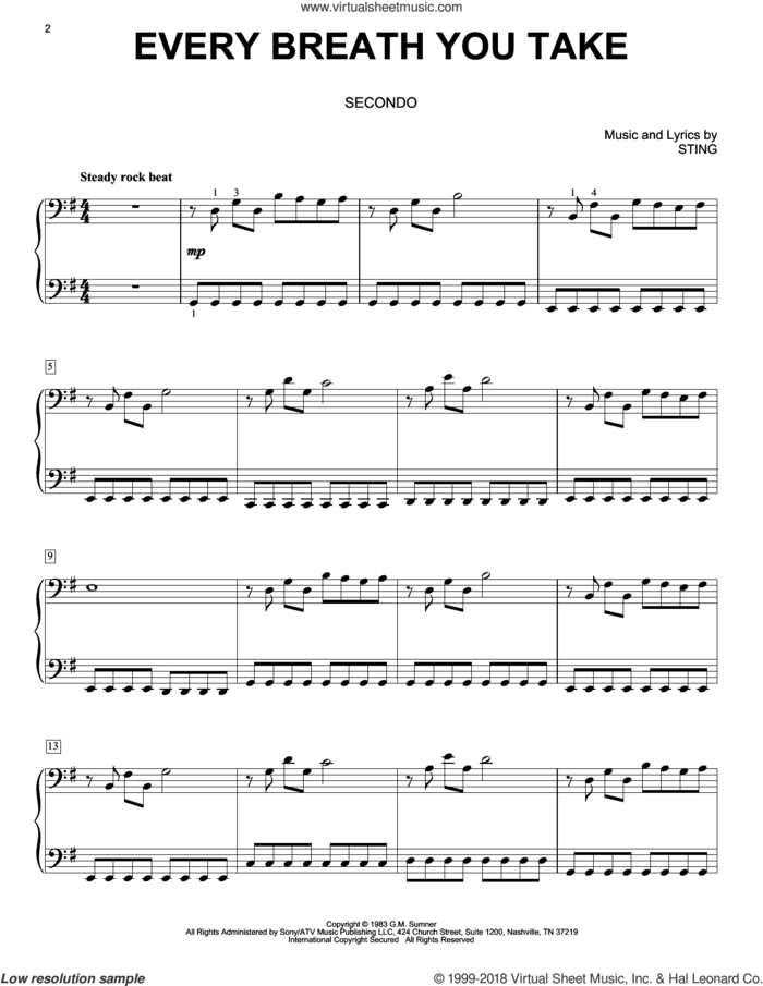 Every Breath You Take sheet music for piano four hands by The Police and Sting, intermediate skill level