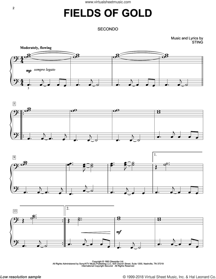 Fields Of Gold sheet music for piano four hands by Sting, intermediate skill level