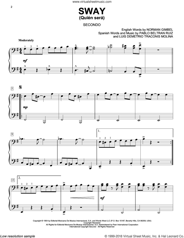 Sway (Quien Sera) sheet music for piano four hands by Dean Martin, Luis Demetrio Traconis Molina, Norman Gimbel and Pablo Beltran Ruiz, intermediate skill level