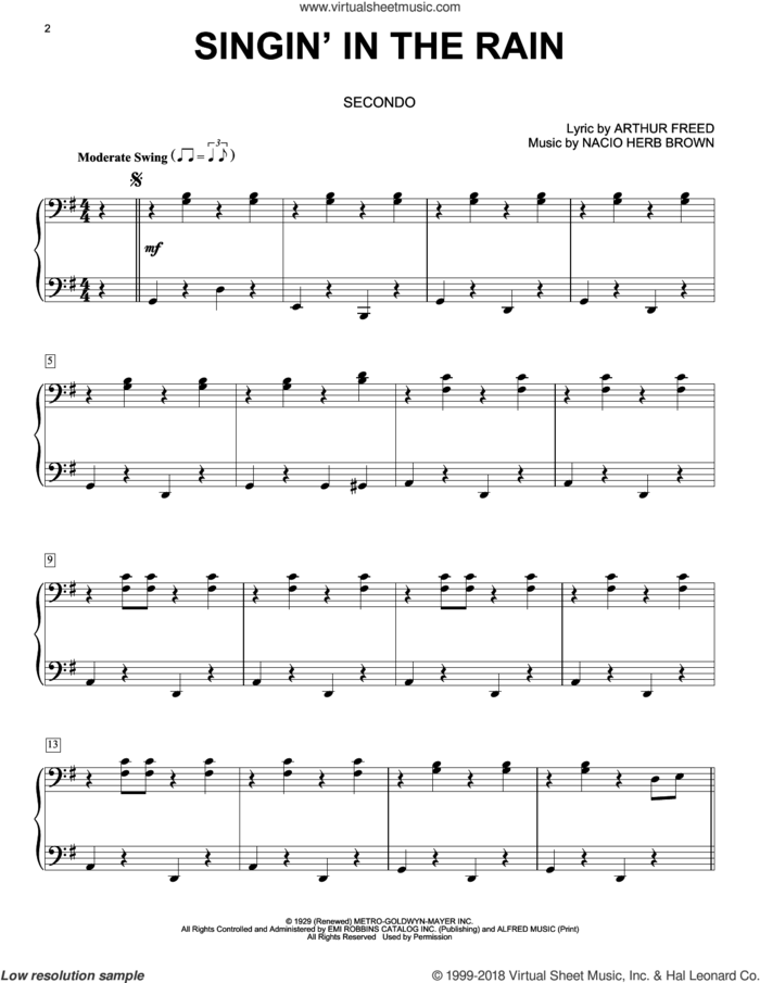 Singin' In The Rain sheet music for piano four hands by Nacio Herb Brown and Arthur Freed, intermediate skill level