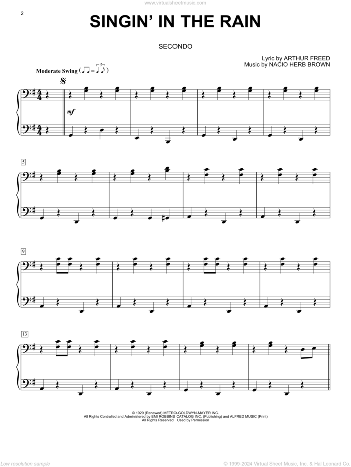 Singin' In The Rain sheet music for piano four hands by Nacio Herb Brown and Arthur Freed, intermediate skill level