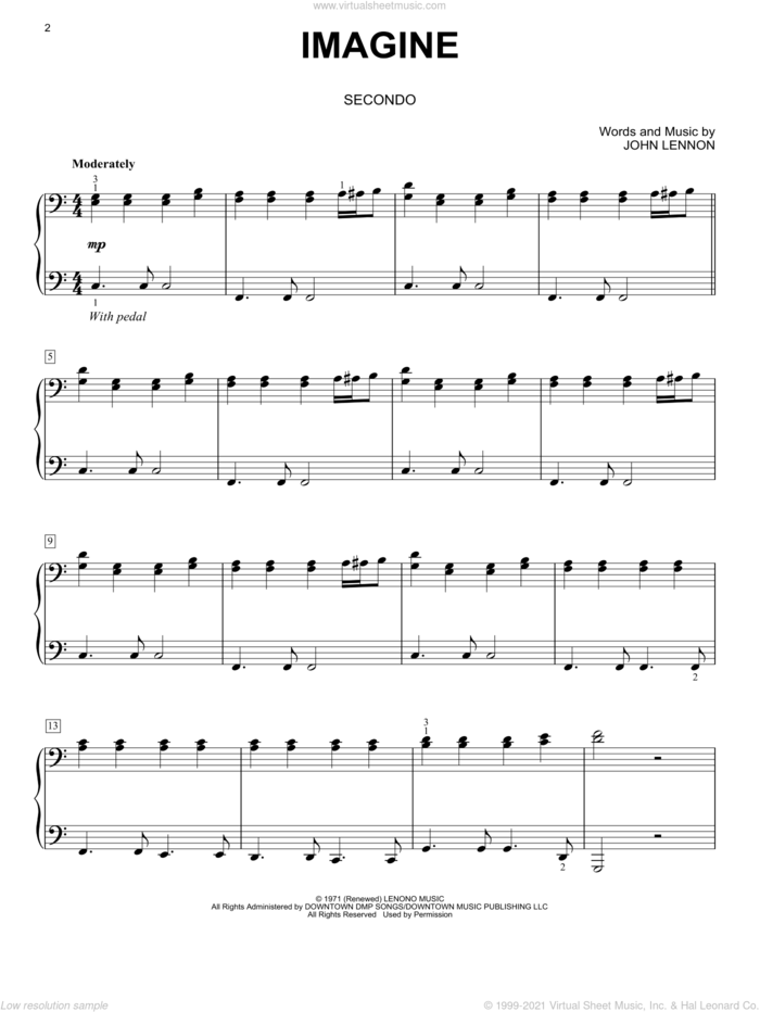 Imagine sheet music for piano four hands by John Lennon, intermediate skill level
