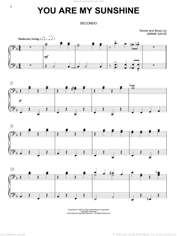 You Are My Sunshine sheet music for piano four hands by Jimmie Davis, intermediate skill level