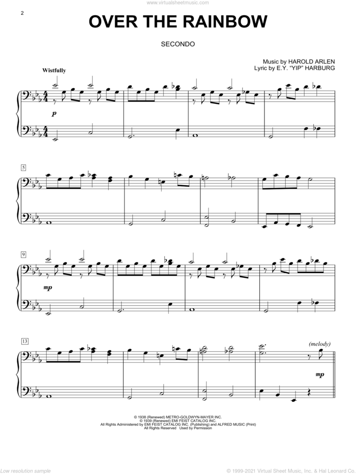 Over The Rainbow sheet music for piano four hands by Harold Arlen and E.Y. Harburg, intermediate skill level
