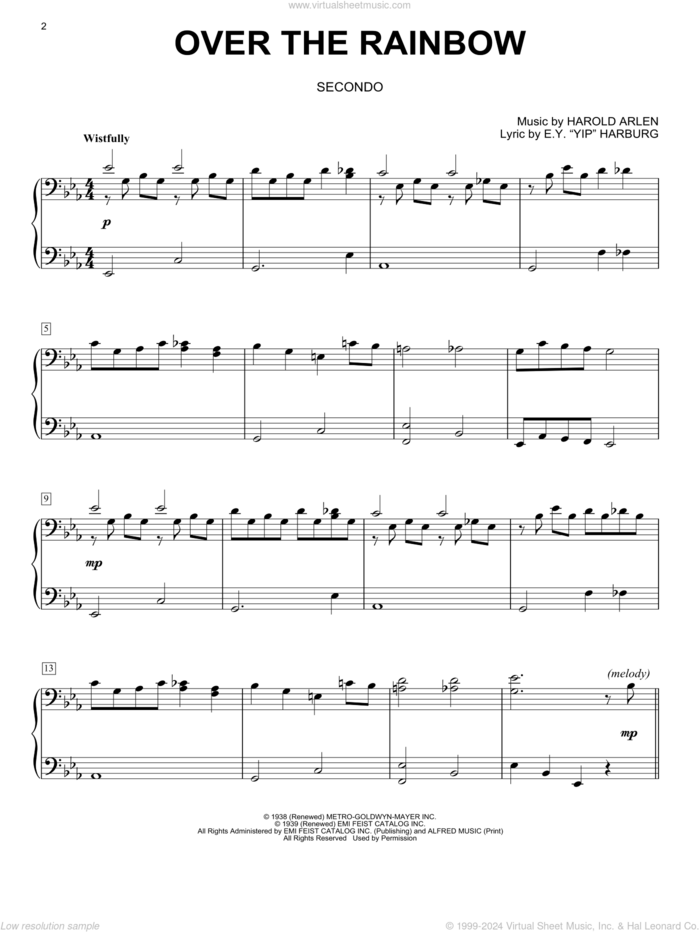 Over The Rainbow sheet music for piano four hands by Harold Arlen and E.Y. Harburg, intermediate skill level