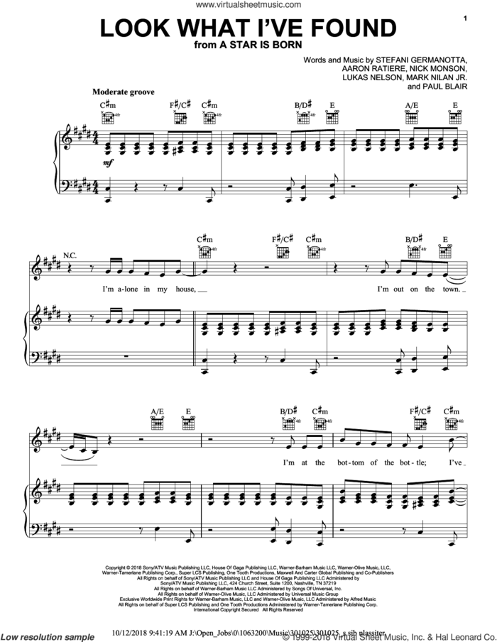 Look What I Found (from A Star Is Born) sheet music for voice, piano or guitar by Lady Gaga, Aaron Ratiere, Lukas Nelson, Mark Nilan Jr., Nick Monson and Paul Blair, intermediate skill level