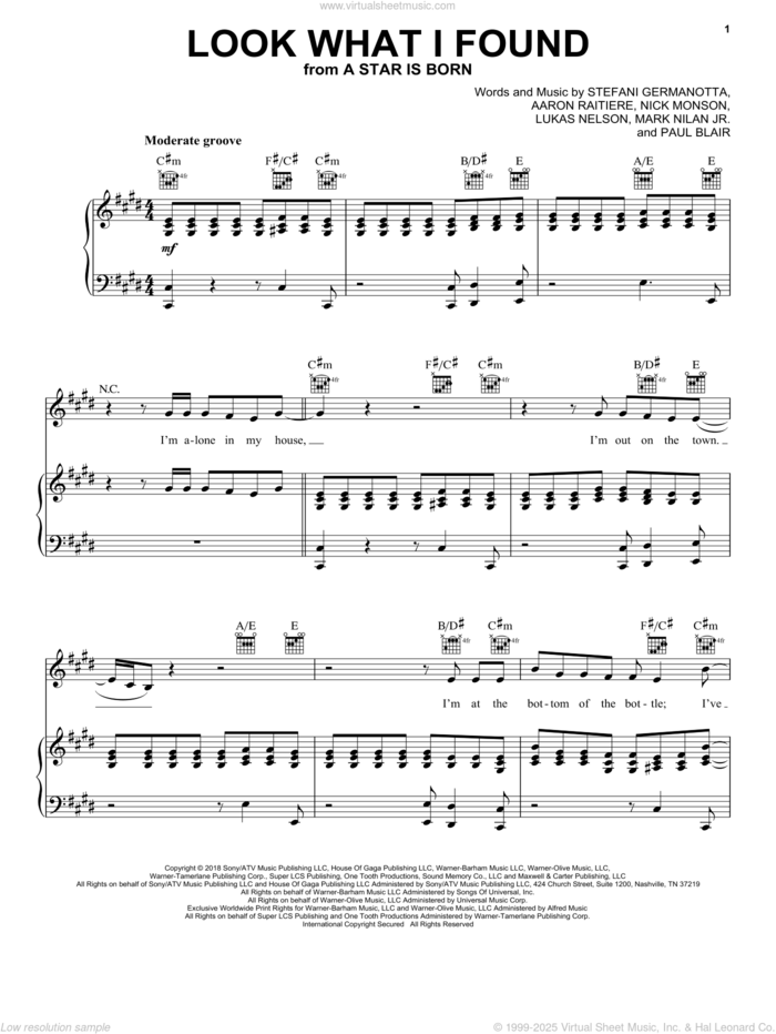 Look What I Found (from A Star Is Born) sheet music for voice, piano or guitar by Lady Gaga, Aaron Ratiere, Lukas Nelson, Mark Nilan Jr., Nick Monson and Paul Blair, intermediate skill level