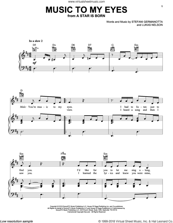 Music To My Eyes (from A Star Is Born) sheet music for voice, piano or guitar by Lady Gaga, Bradley Cooper, Lady Gaga & Bradley Cooper and Lukas Nelson, intermediate skill level